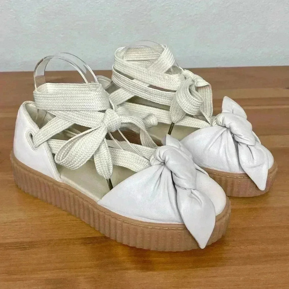 FENTY PUMA Women's 8.5 The Bow Creeper Sandals Cream Leather Lace Up Flatform - Picture 3 of 16